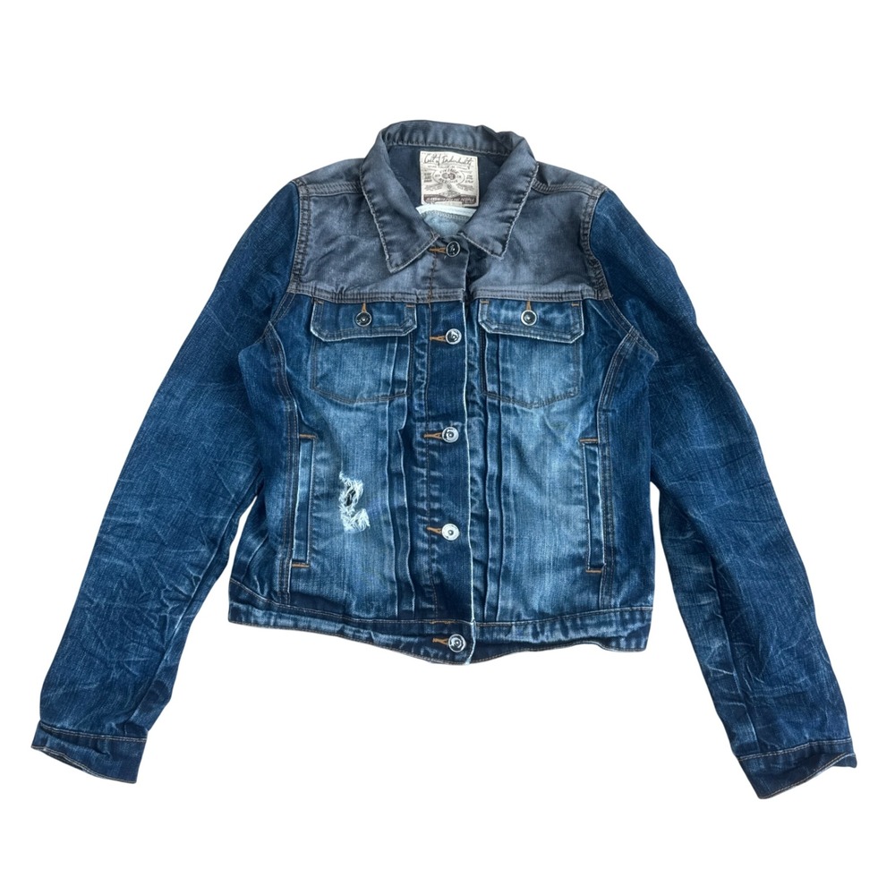 Cult of Individuality Moto Trucker Denim Jacket Distressed Whiskering Large Blue